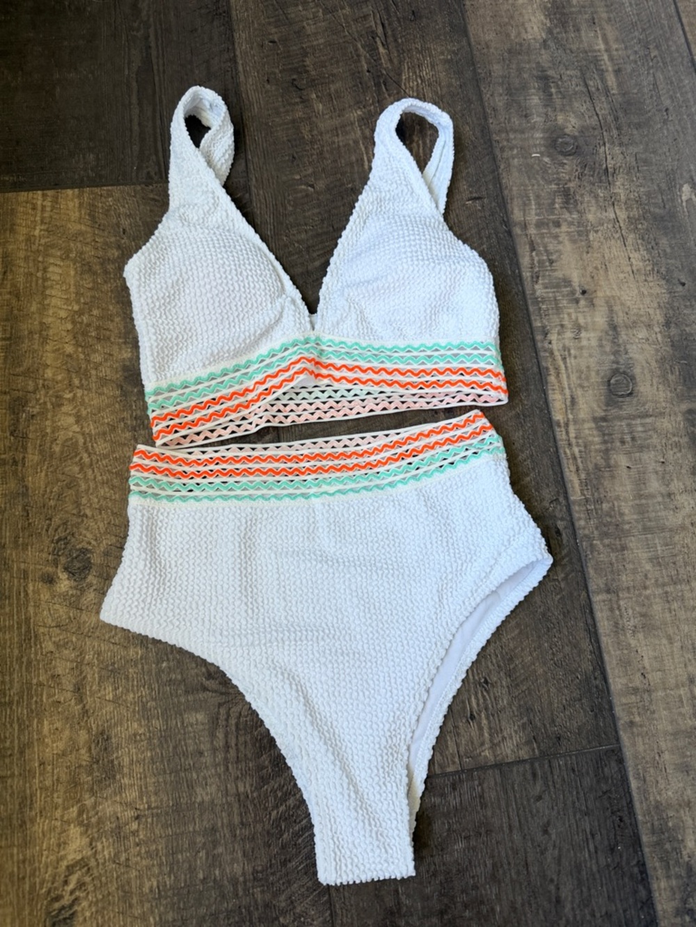 White Textured High-Waist Bikini with Orange & Mint Trim